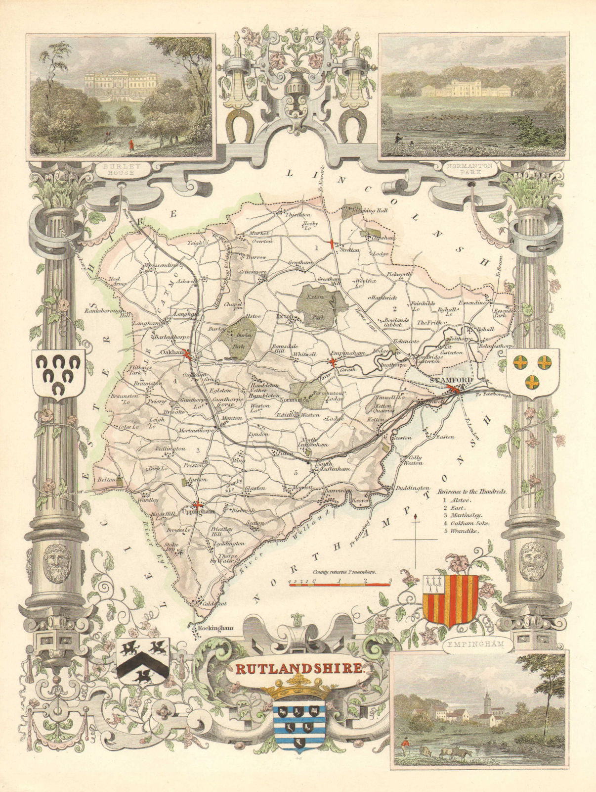 Rutlandshire antique hand-coloured county map by Thomas Moule c1840 old
